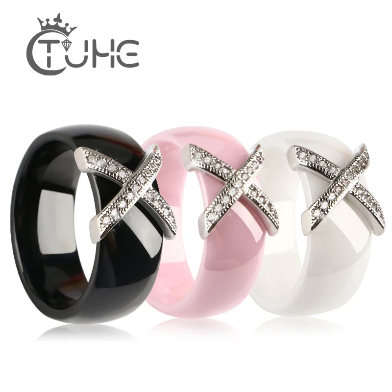 Fashion Jewelry Women Ring With AAA Crystal 8 mm X Cross Pink Black White Ceramic Rings For Women Men Plus Big Size Wedding Ring