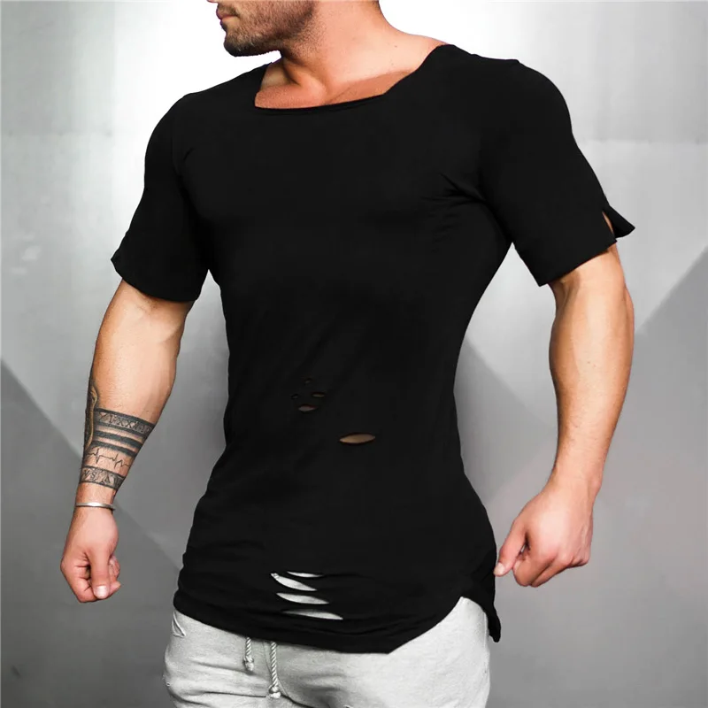 Muscleguys Brand 2023 Summer Long T-Shirt Men Fashion Hole Distressed Fitness T shirt Short Sleeve Solid Slim Fit Hip Hop Tshirt