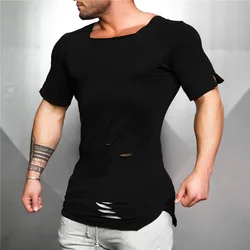 Muscleguys Brand 2023 Summer Long T-Shirt Men Fashion Hole Distressed Fitness T shirt Short Sleeve Solid Slim Fit Hip Hop Tshirt