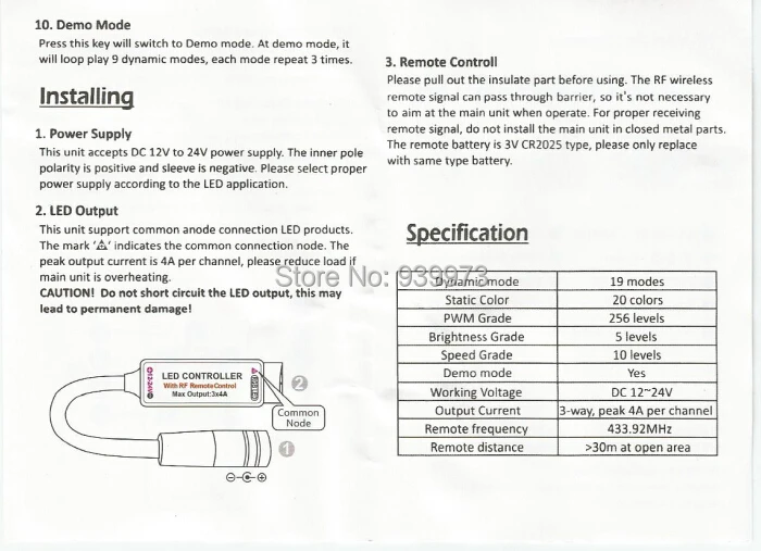 UN2F Mini RF Wireless LED Remote Controller for RGB 5050/3528 LED Lights Strips 12v 3*4A