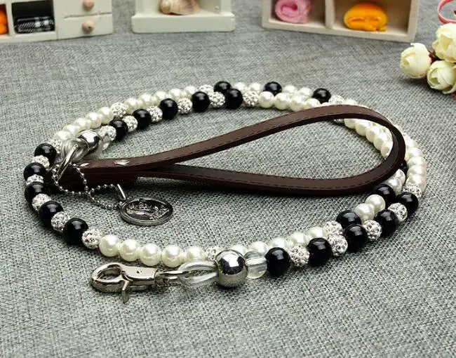 High-grade luxury black white pearl diamond ball leash for pet dog cat doggy fashion lead products puppy accessories 1pcs