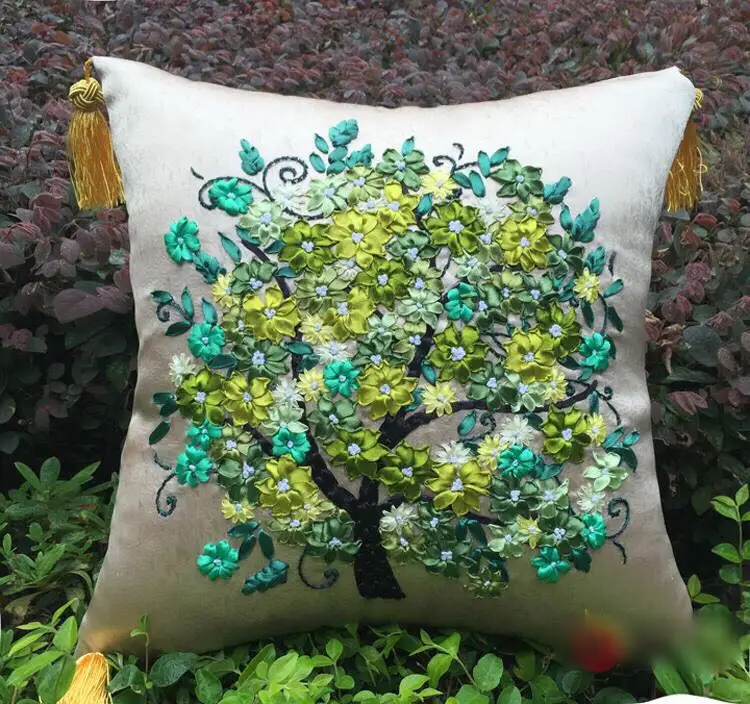 1pcs 40x40cm green red flower happy tree Ribbon embroidery kit pillow cover set handcraft DIY handmade needlework art home decor