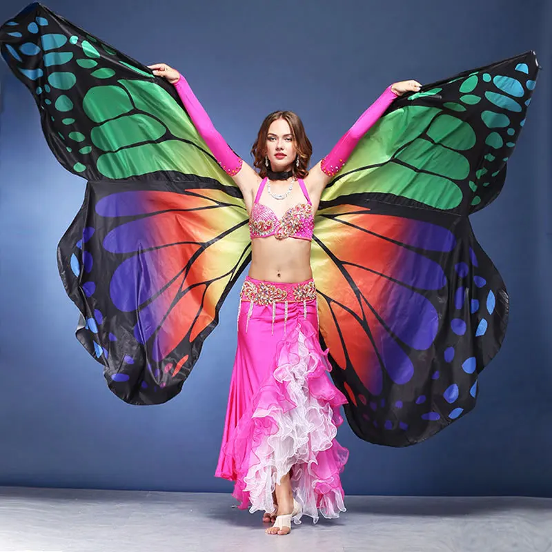 Girls Belly Dance Dress Adult Butterfly Wings Props Golden Wings Belly Dance Costumes Dance Wings and Telescopic Clubs D-0327