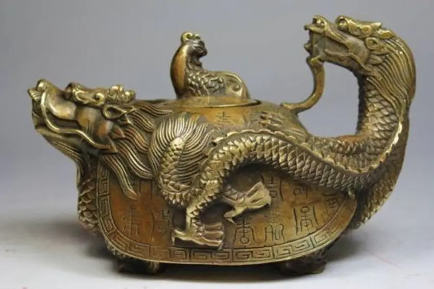 Elaborate Chinese Old Copper Handwork Dragon Teapot