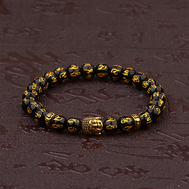 Women\'s Retro Tibetan Black Beads Carve Mantra Om Mani Amulet Bracelet Men  Vintage Buddhist Meditation Jewelry AB285