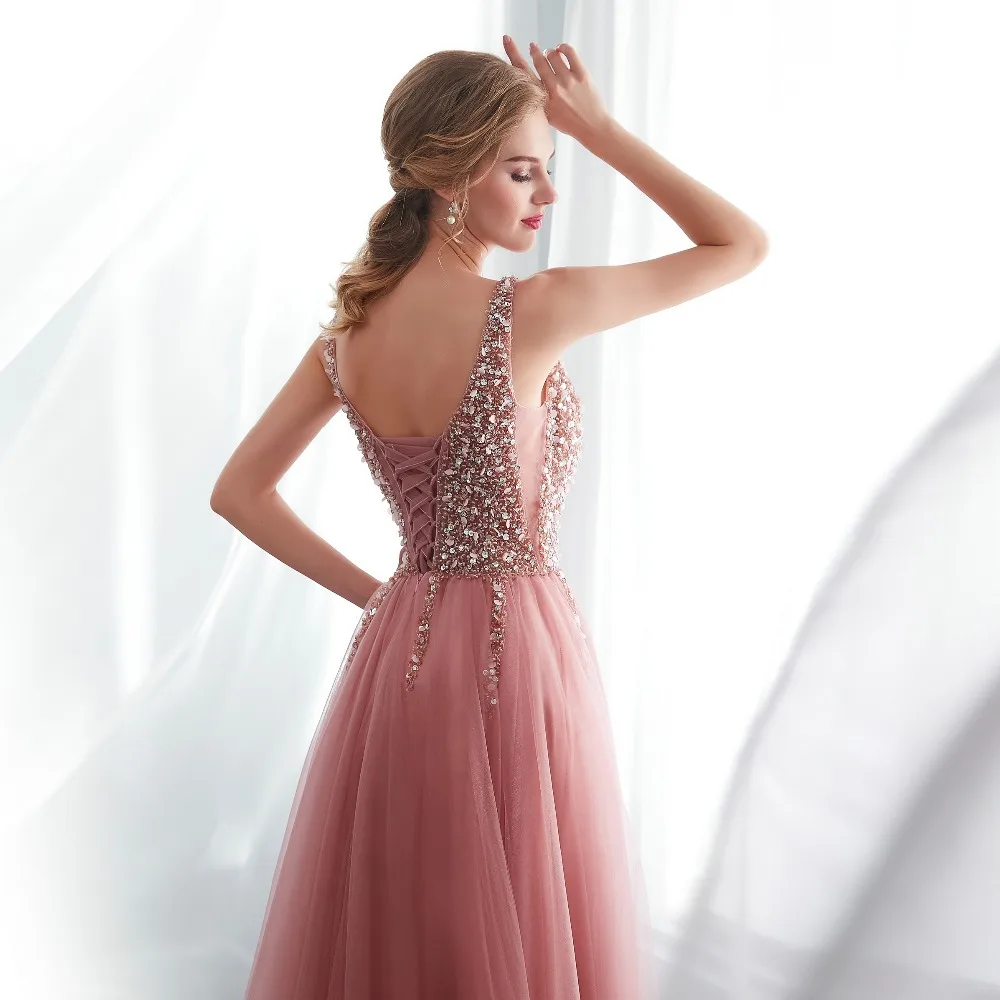 JaneVini – robe longue de demoiselle d'honneur, Sexy, décolleté en V profond, dos nu, traîne de balayage, fente haute, perles, ligne A, robes de bal formelles en Tulle