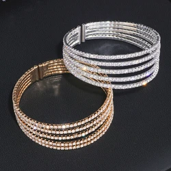 5 Rows Elegant Clear Rhinestone Bangle Bracelet Gold Color Crystal Bangles Wedding Bridal Jewelry Accessories For Women 2024