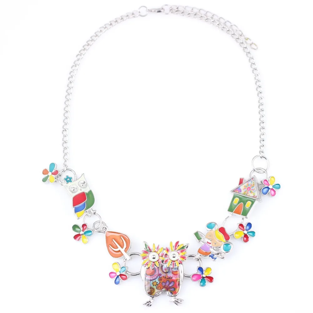 

Bonsny Statement Necklace Owl Enamel Flower Alloy Long Chain Pendants 2016 New Jewelry For Women Charm Collares Accessories