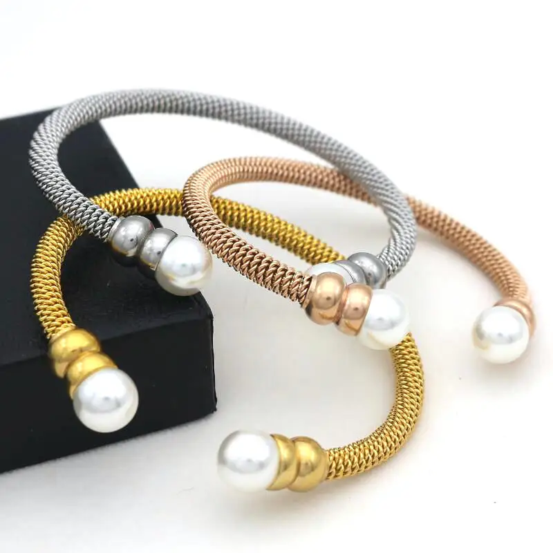 Cute Bear Brand Stainless Steel Mesh Surface Imitation Pearls Bracelets & Bangles Women Luxury Cuff Bracelet Fashion Jewelry
