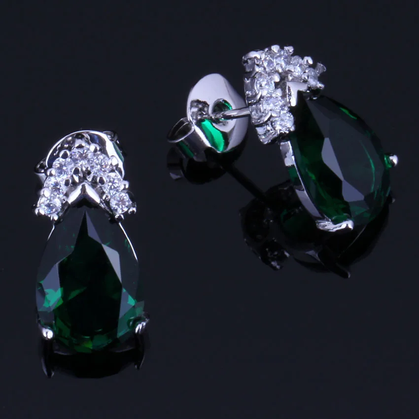 Superb Water Drop Green Cubic Zirconia White CZ Silver Plated Stud Earrings V0393