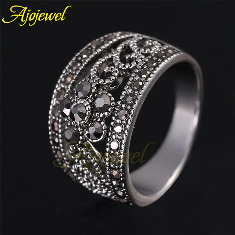 Ajojewel Flower Design Black Marcasite Band Ring Woman Vintage Jewelry