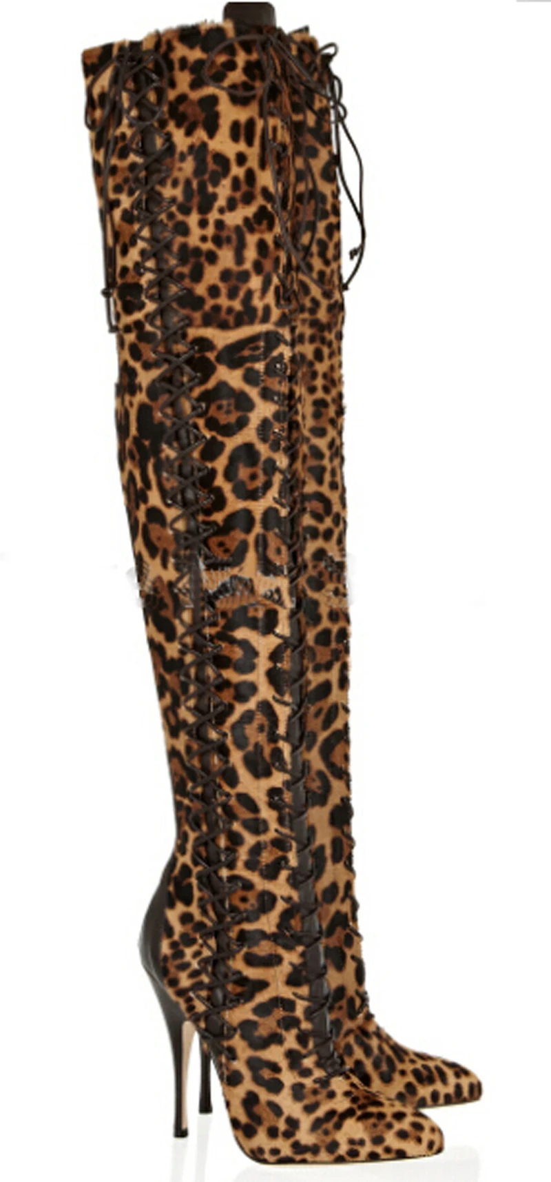 Real Picture Women Sexy Pointed Toe Leopard Suede Leather Over Knee Gladiator Boots Lace-up Long High Heel Boots Sexy Shoes