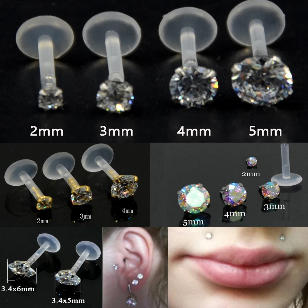 1pc Prong Set 2-5mm Zircon Ear Tragus Cartilage Flexible Bioplasti Labret Monroe Lip Stud Ring Piercing Jewelry