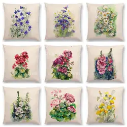 Acquerello Fiori Cuscino di Lino Campanule Geranio Fiordalisi Malvarosa Bouquet Floreale Aquarelle Divano Throw Pillow Caso