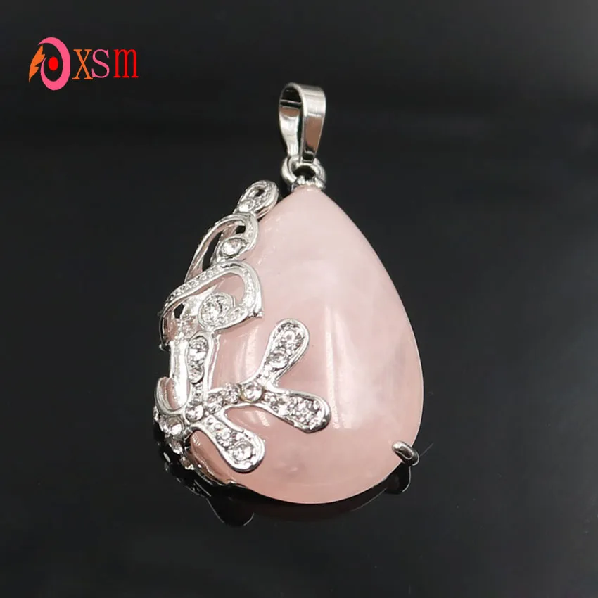 xinshangmie Trendy Silver Plated Inlaid Romantic Rose Pink Quartzs Water Drop Pendant Females Charms Jewelry