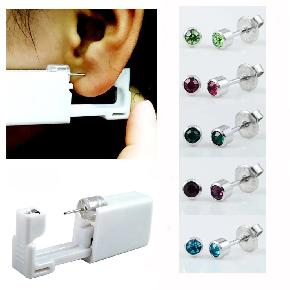 2PC Birthstone Sterilized Disposable Ear Piercing Gun CZ Crystal Ear Studs Safety No Pain Ear Piercing Tool Body Jewelry Gifts