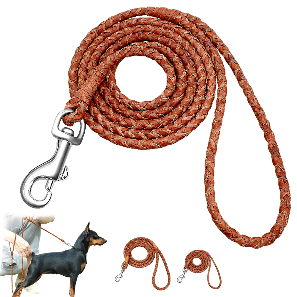 Rolled Leather Dog Leash For Small Medium Dogs Braided Leather Puppy Cat Pet Walking Leash Leads Brown Color 4ft Long