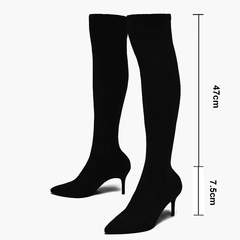 Elastic Knitted Stocking Boots Autumn Women Thin Leg High Heels Shoes Thigh High Boots Stretch Fabric Woman Over The Knee WB1399