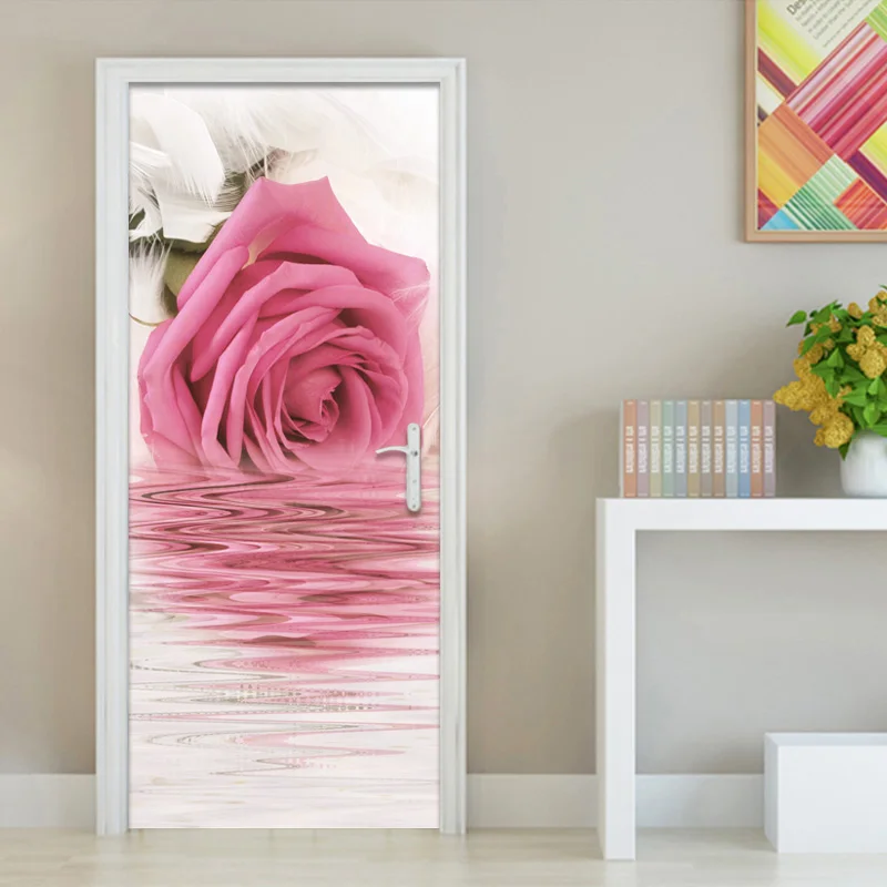 

Living Room Bedroom Door Sticker Pink Rose Flower PVC Waterproof Self-adhesive Bathroom Door Mural Poster Wall Papers Home Decor