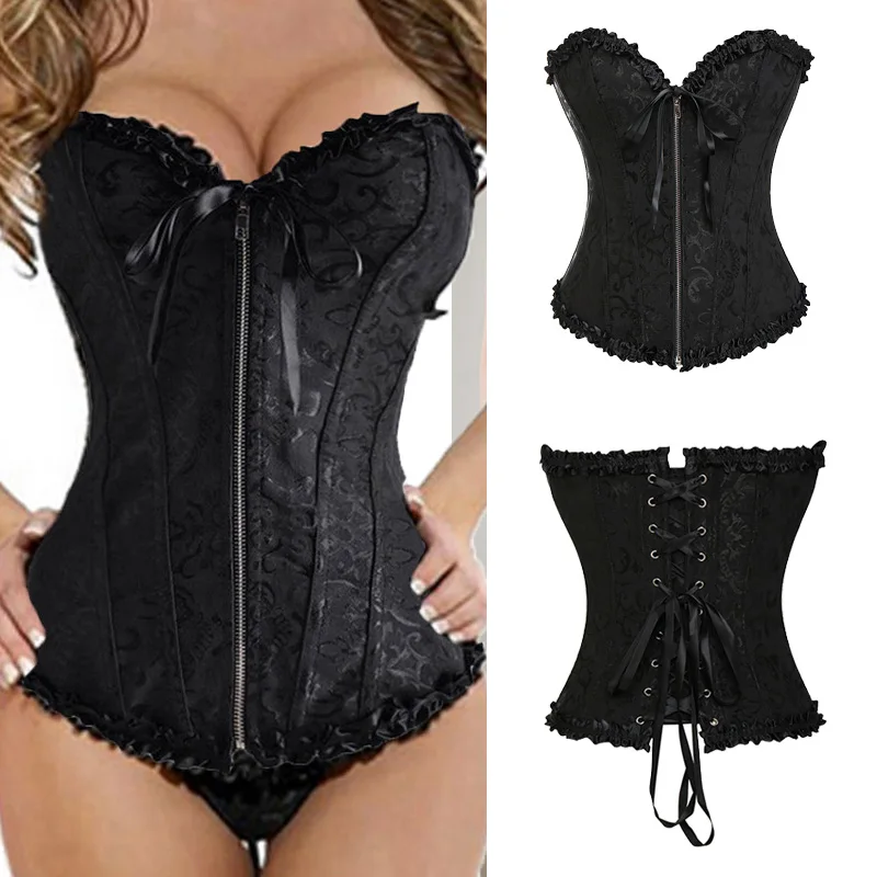 Women Halloween Zipper Bustier Top Corset Sexy Boned Waist Trainer Corset Overbust Brocade Plus Size Waspie Black