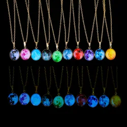 Hainon Glow In The Dark Moon 25mm Galaxy Planet Glass Pendant Necklace Gold Color Chain Luminous Jewelry Women Gifts