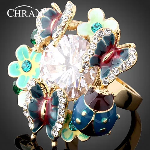 CHRAN Gold Color Ladybug Design Zircon Jewelry Rings Wholesale Crystal Enamel Butterfly Pattern Flower Rings For Women