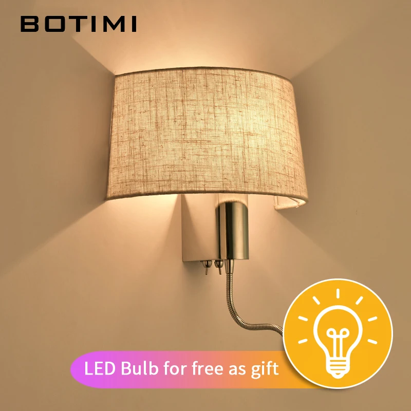 BOTIMI Modern LED Wall Light With Fabric Lampshade For Bedroom Bedside Applique murale luminaire LED Warm Light Wall Sconce