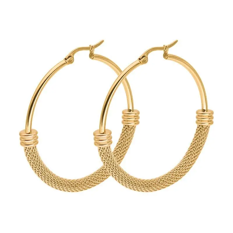 Wholesale Jewelry - Titanium steel Net Round Circle Hoop Earrings Jewelry For Women Fashion Gold Color 4 Size