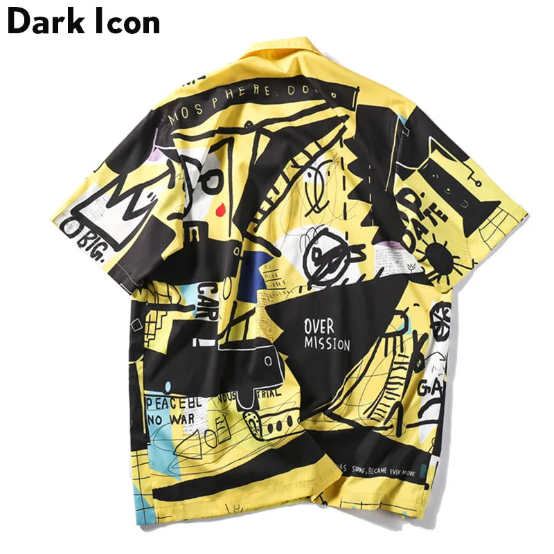 Dark Icon Graffitti Retro Shirts 2024 Summer Street Men\'s Shirt Short Sleeve Turn-down Collar Vintage Shirts for Men