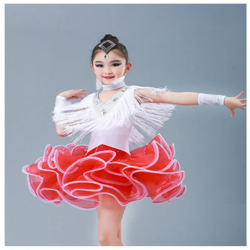 

Children's Latin dance competition costume girl fringed gauze bright diamond dance costume Latin dance training clothing