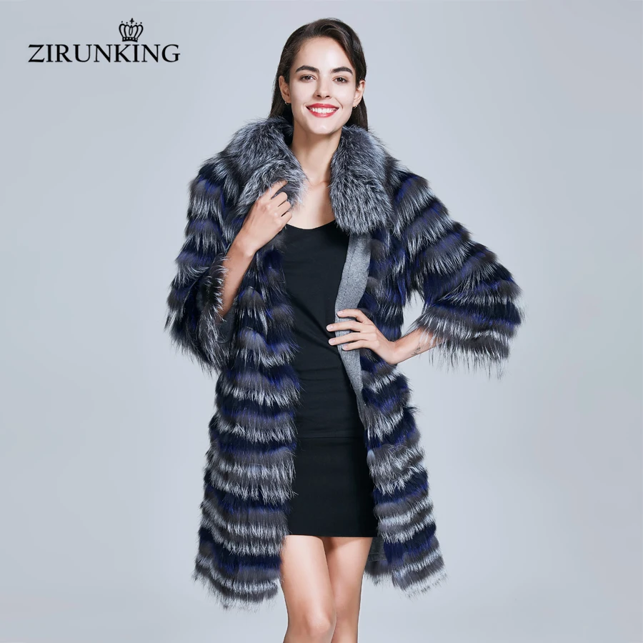 ZIRUNKING Striped Real Silver Fox Fur Coat Women High Quality Fashion Autumn Warm Natural Leather Luxury Clothing  ZC1738