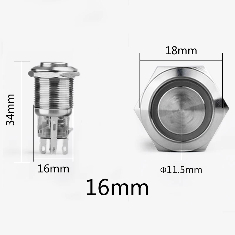16mm Metal Push Button Latching momentary Waterproof Switch LED light 5V 12V 24V 110V 220V Blue Green Yellow White Button switch