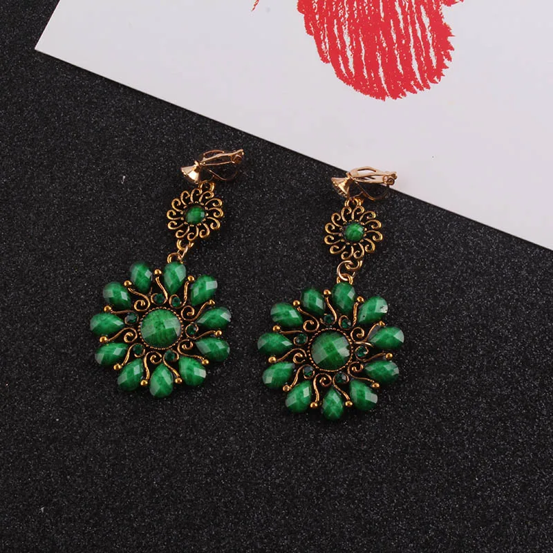 JIOFREE Vintage 3 color Rhinestone Resin Flower Clip on Earrings Without Piercing For Women Ethnic Resin Statement Jewelry