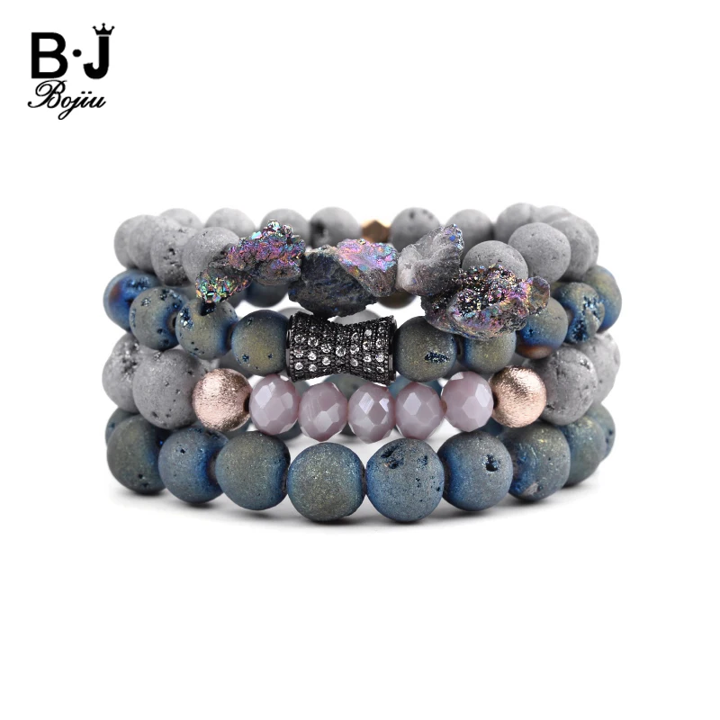 

BOJIU 4 Pcs/Set Natural Stone Punk Women's Bracelets Boho Druzy Geode Agates Stone Iced Out Accessory Bracelets Femme BCSET263