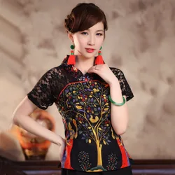 Sexy Zwart Kant Zomer Vrouwen Shirt Top Chinese Stijl Katoen Linnen Blouse Traditie Bloem Kleding SML XL XXL XXXL TS001