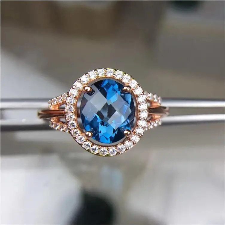 Natural topaz ring Free shipping Finger ring Natural real blue topaz 925 sterling silver ring Luxury style rings  7*9mm Gem