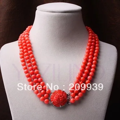 

huij 002614 7.5mm orange coral beaded carved rose flower pendant 3 row silver necklace