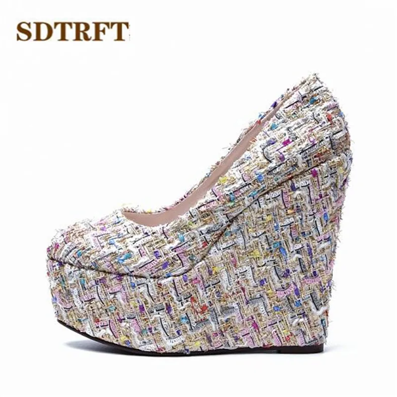 SDTRFT zapatos mujer Round Toe 15cm High-Heeled platform woman SM shoes wedding wedges pumps Small yards:30 31 32 33 34-42 43