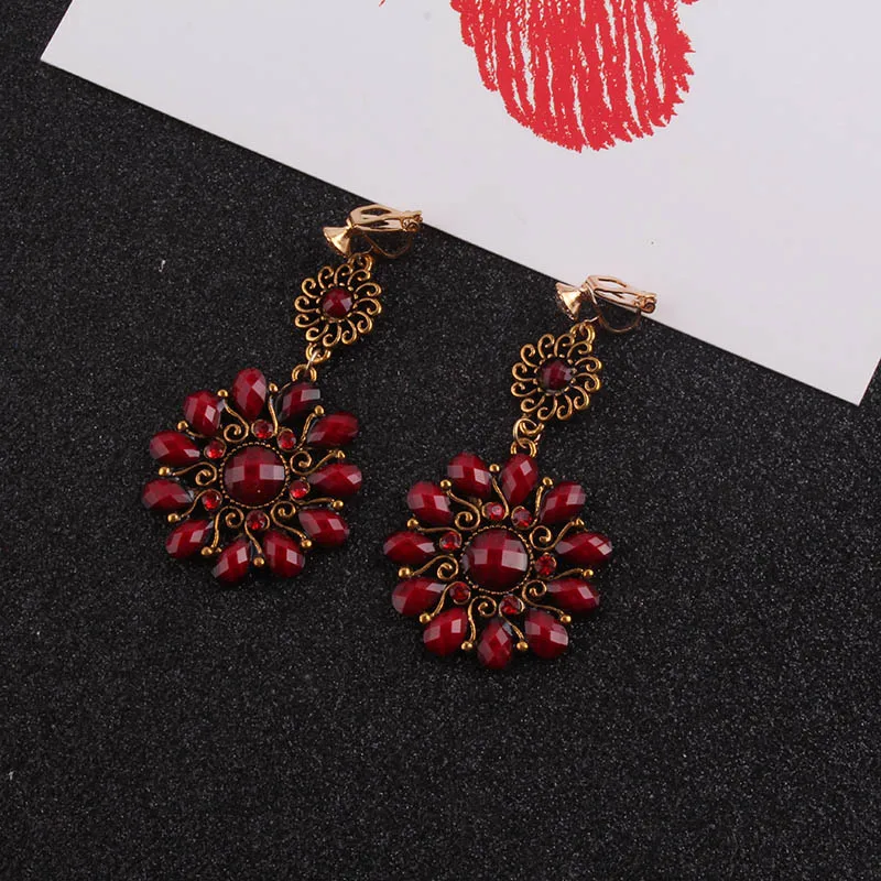 JIOFREE Vintage 3 color Rhinestone Resin Flower Clip on Earrings Without Piercing For Women Ethnic Resin Statement Jewelry