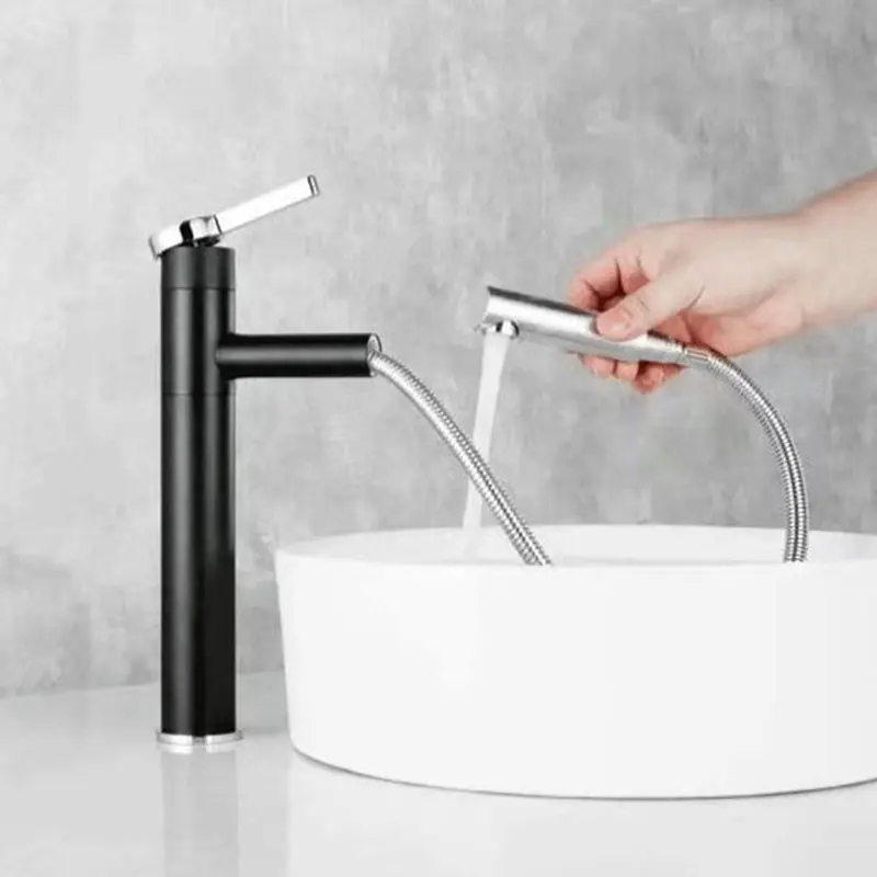 

Basin Faucet Total Brass Deck Mounted Bathroom Basin Faucet Single Hole Pull Out Tap Black/Whiter Hot And Cold Water Mixer Taps