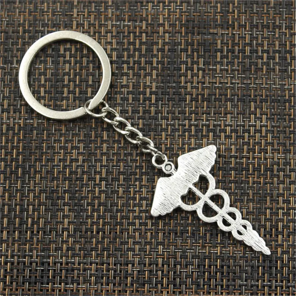 New Fashion Men 30mm Keychain DIY Metal Holder Chain Vintage Caduceus Medicine Symbol 49x30mm Silver Color Pendant Gift