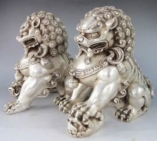 12*12cm Chinese Silver Guardian Lion Foo Fu Dog Statue