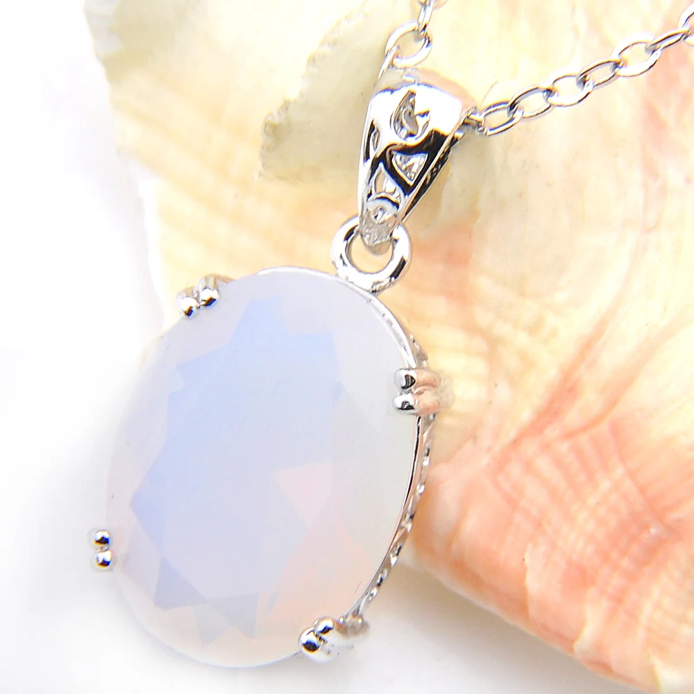 Luckyshine 16x12mm Oval Rainbow Moonstone Gemstone Silver Pendant Necklaces