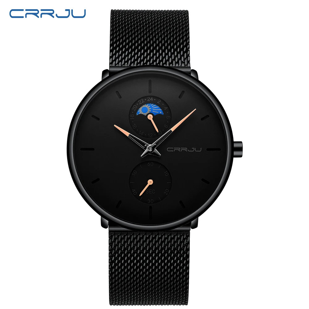 CRRJU New Black Slim Watch Women Men Watch Luxury Elegant Dress Fashion Watches Unisex Ultra Thin Wristwatch Relojes Para Hombre