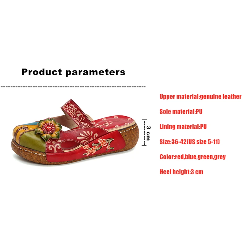 WOIZGIC Women Female Mother Ladies Genuine Leather Flower Shoes Sandals Slippers Outsize Summer Ethnic Plus Size 41 42 SFY-1