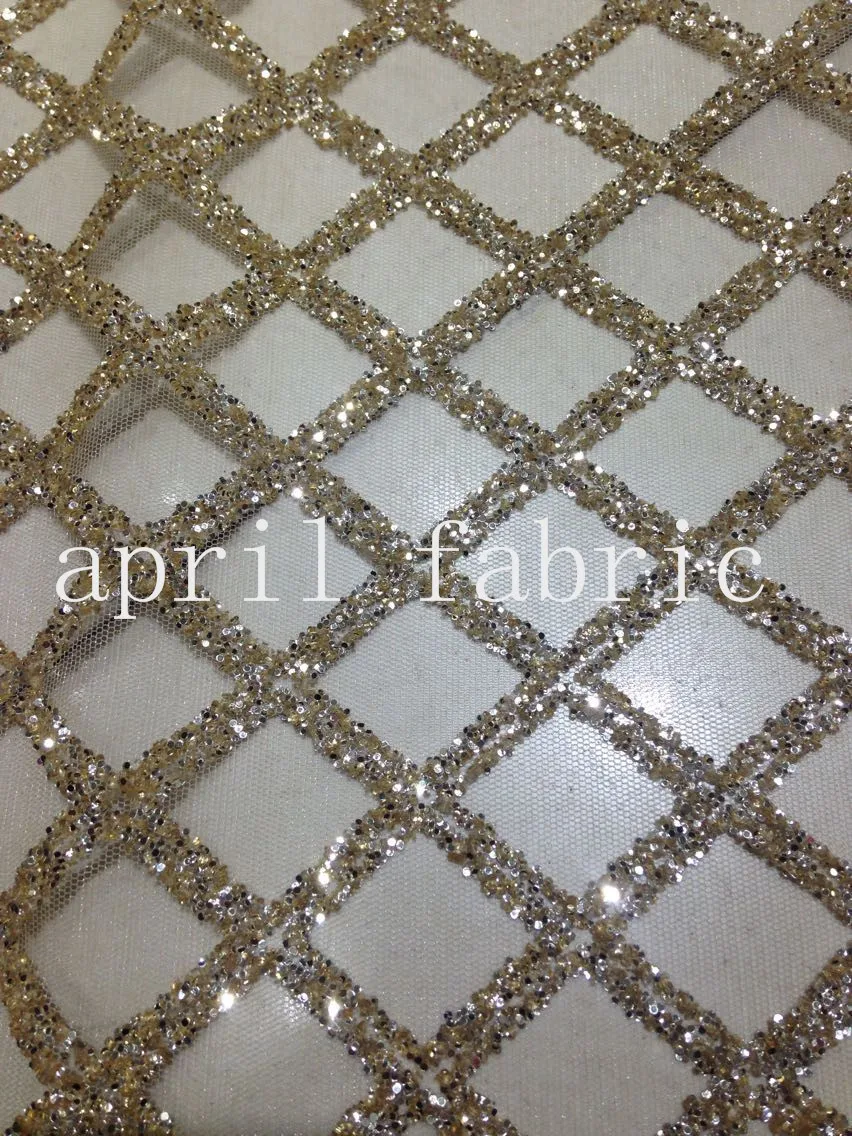 

5yards HLL069 gold grid glitter hand print african india mesh fabric for wedding/evening dress