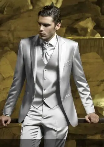 Latest Coat Pant Designs Silver Grey Satin Men Suit Slim Fit Skinny Simple Stage Prom Outfit Custom Blazer Men 3 Piece Terno