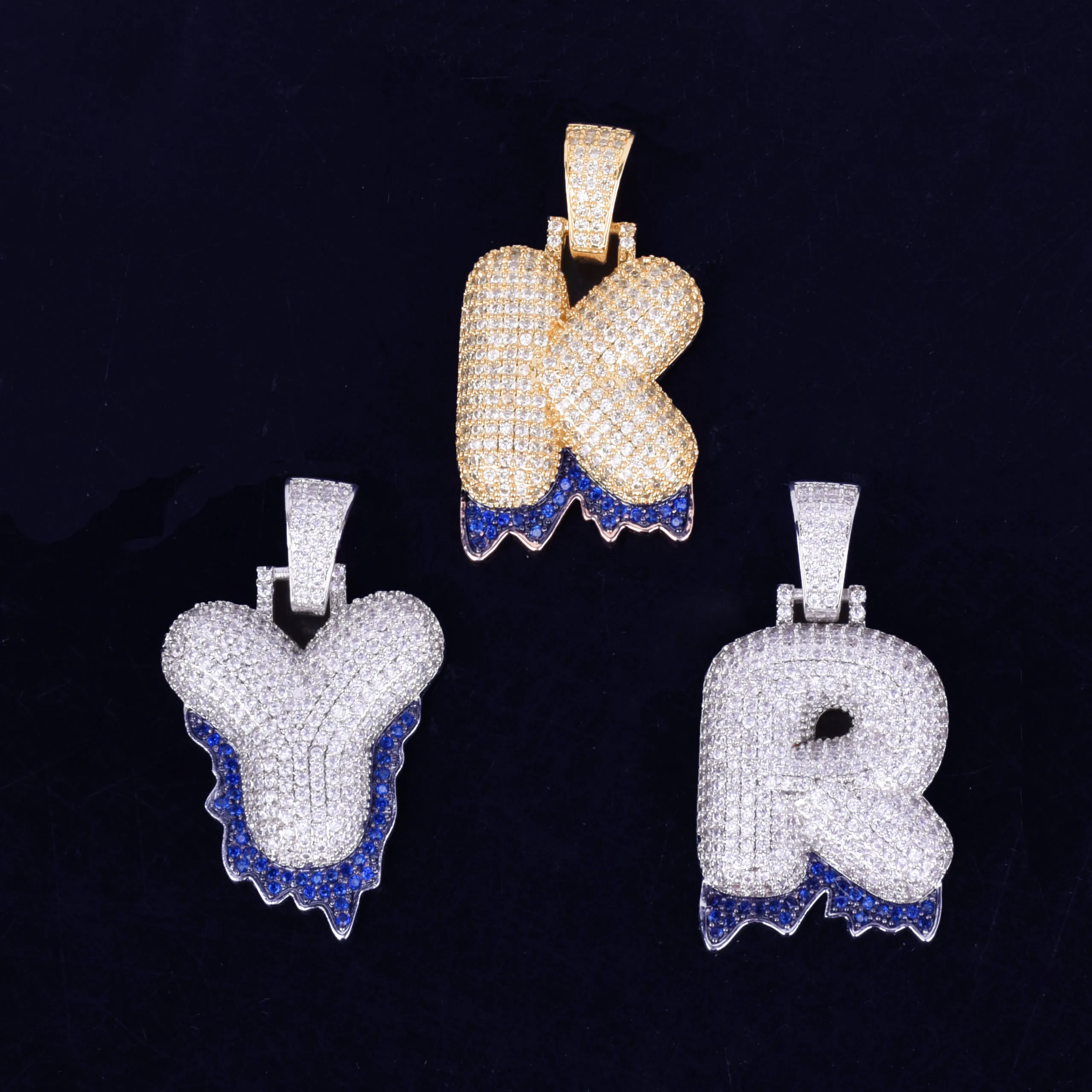 Single Blue Color Dripping Bubble Letters Necklaces & Pendant For Men Women Gold Color Cubic Zircon Hip Hop Jewelry