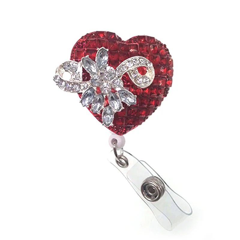 

10pcs/lot silver tone sparkly crystal Acrylic red heart retractable ID badge holder reel clip for Valentine's Day gift