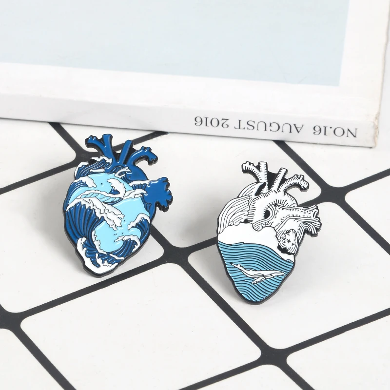 Blue Ocean Wave Organ Heart Enamel Pin Brooch Blue Sea Whale Human Heart Lapel Pins Badges Fashion Denim Jackets Wave Jewelry